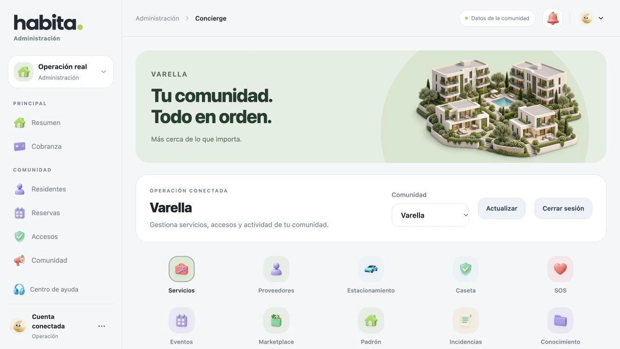 Actual Habita administration panel with a community selector and tools for managing services, access, bookings and residents